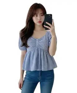 AREAL FASHION Women's Striped Puff Sleeve Peplum Top, V-Neck, Gathered Waist, Casual Summer Blouse