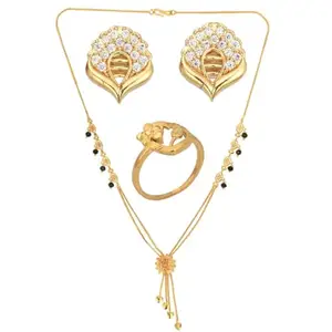 AanyaCentric Gold-plated Jewelry Set Elegant Short Mangalsutra, Ring, and American Diamond Earrings Set - Stylish Accessories for Women and Girls