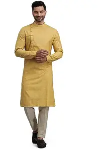 THE KURTA COMPANY Men's Gold Beige Self Design Cotton Blend Kurta - JHMW_40