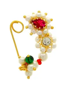 MEENAZ Jewellery Traditional Maharashtrian Nath Nose Rings White Ruby Stone Gold Pearl Beads Nath for Women Girl- Nose Ring-119