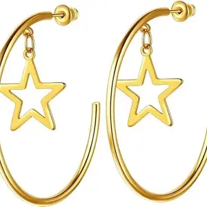 El Regalo Western Stainless Steel Drop Star Hoop Earrings for Women/Girls- Fashion Statement Star Big Circle Open Hoop Party Earrings