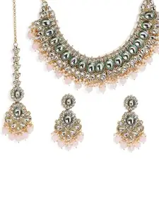 Priyaasi Floral Pink Beads Kundan Floral Elegance Gold Plated Necklace Drop Earrings Jewellery Set
