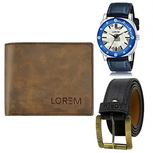 LOREM LOREM Mens Combo of Watch with Artificial Leather Wallet & Belt FZ-LR54-WL25-BL01