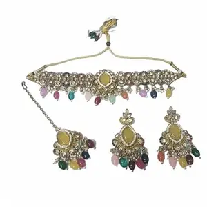 Nine stone Kundan Choker Necklace Set for Women – Multicolour Imitation Bridal Jewellery with Earrings & Maang Tikka, Gold-Plated Alloy, Adjustable Dori