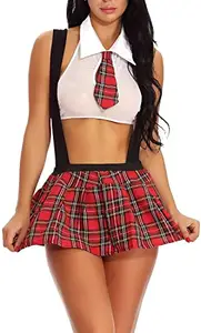 QMDSN Checkered Cotton Fabric Two Piece | Lingerie Outfits with Tie Top and Mini Pleated Skirt | Women Lingerie Summer Trendy Girls Costumes (White)