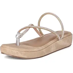 LOUIS STITCH Women’s Slip-On Platform Heel T-Strap Sandals | Open Toe Stylish Beige Wedge Heel Sandal for Ladies, Fashionable and Comfortable Sandal | LSOF-LDPS-GLCSBG | UK-3