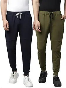 RIGO Men's Navy Blue and Olive Green Cut & Sew Ankle Length Regular Fit Terry Jogger - Pack of 2