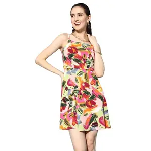 Berrylush Women Pink & Multicoloured Abstract Printed Square Neck Crepe Fit & Flare Mini Dress