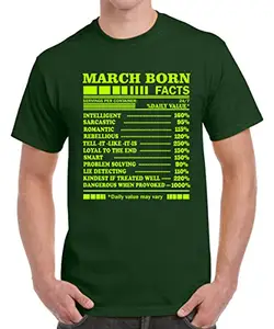 Caseria Men's Round Neck Cotton Half Sleeved T-Shirt with Printed Graphics - March Born Facts (Bottel Green, XL)