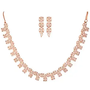 RATNAVALI JEWELS American Diamond Necklace set Rose Gold Plated Traditional White Jewellery Set with Sleek Earring for Women/Girls RV5050-RG