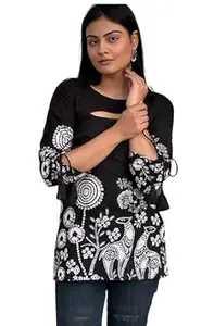 VAAKI Women Cream Safari Print Kurti Top Cotton | Full Sleeve Cut-Out Neck Long Tunic for Casual Wear