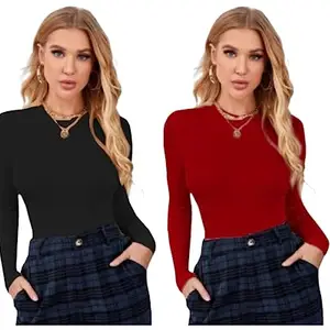 Dream Beauty Fashion Women's Casual Round Neck Long Sleeves Stylish Top - Pack of 2-17" inches (Empire Black-Red-L)