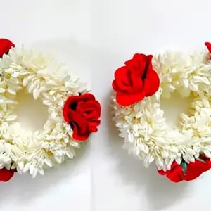 Pirv® Wedding Gajra, Scrunchie Gajra Bracelet, Hand Gajra, Indian Wedding Floral Jewelry Gajra, Mogra Gajra, Elastic Gajra (White And Red, 1)
