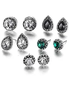 Fabula by OOMPH Jewellery Combo of 5 Antique Silver Crystal Ear Stud Fashion Earrings for Women & Girls (ESN123R3) - Silver, Black, White
