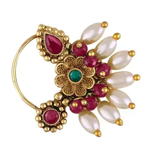 Vivastri's Premium Semicircle Shaped Gold Plated Alloy Made Multi Coloured With RICE Pearl Beaded Nath -VIVA1296NTH-PRESS-MULTI