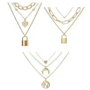 Vembley Combo of 3 Triple Layered Moon,Earth, Heart And Lock Pendant Necklace For Women and Girls