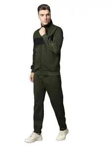 CHKOKKO Men Winter Jogging Suit Zipper Set Olive XXL