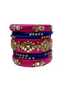 Elegance Beautiful Kundan Dark Pink - Blue Silk Thread Bangle (Set of 7) - 2.6