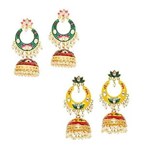 OOMPH Jewellery Combo of 2 Green & Yellow Meenakari Enamel Floral Ethnic Chandbali Jhumka Earrings For Women & Girls Stylish Latest (EBH43EHC38_AOR1)