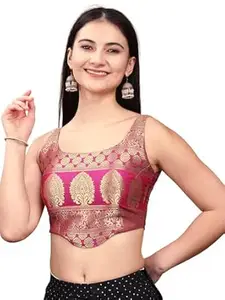 Womanista Rani Pink Banarsi Jacquard Corset Shape Saree Blouse for Women with Tie up Dori at Back