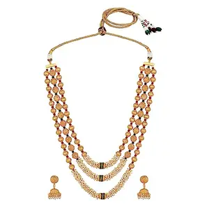 Rajnandni Jewellery Royal 3 String Golden Boll Pearl Lariat Gold Plated Matinee Necklace Set For Women