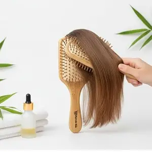 Natural Bamboo Paddle Hair Brush, Detangling and Scalp Massage, Reduces Frizz, Wooden Bristles, All Hair Types