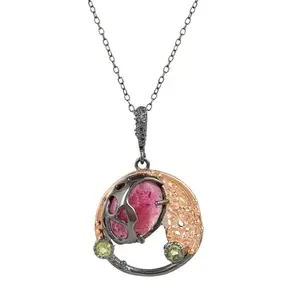 Ravishing Impressions Ruby & Peridot Gorgeous Piece 925 Sterling Silver, Black Rhodium, Rose Gold Plated Classic Pendant with Chain