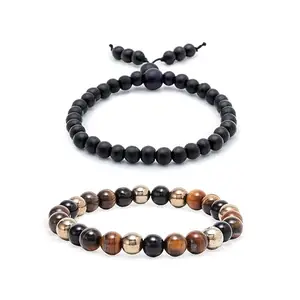 Divine Hindu Original Karungali Bracelet 8MM Ebony Wood Beads & Tiger Eye Stone Bracelet | Combo | Spiritual, Meditation, Prayer, Protection | For Men & Women