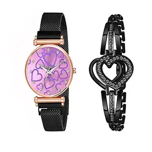 Talgo Alluring Analogue Purple Dial Black Magnet Strap Graceful Stylish Wrist Watch for Women, Pack of 2 - C34-12HEART-PUR-BKM-HEART-BLK-BRCLT
