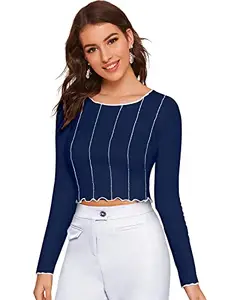 Krishna Fashion Women's Western Crop Top | Long Sleeve Round Neck | Casual & Comfortable Everyday Crop Top for Women (in, Alpha, M, Slim Girls, Blue)