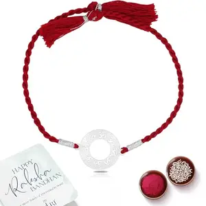 ZULRI 925 Sterling Silver OM Rakhi For Brother (Boys & Men) Cotton Thread | Rakshabandhan Rakhi With Greeting Card & Roli Chawal and Certificate of Authenticity