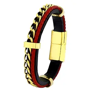 Zivom® Red Black 316L Stainless Steel Curb Genuine Leather Wrist Bracelet Men