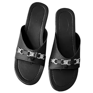 Women's Slip-on Mules with Decorative Chain Detail, Casual Comfort Slippers (Black, UK Footwear Size System, Adult, Women, Numeric, Medium, 8)