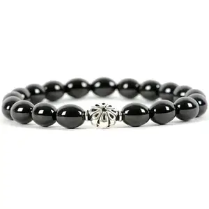RRJEWELZ Natural Black Spinel Oval Shape Smooth Cut 8x6mm Beads 7.5 inch Stretchable Bracelet for Healing, Meditation, Prosperity, Good Luck | STBR_01711