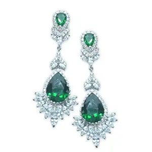 Anisa Green Stone Ruby Crystal Long Earrings for Girls and Women
