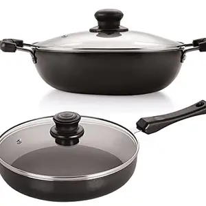 NIRLON Aluminium Nonstick Heavy Guage 3 mm Thickness Induction Base Deep Kadhai 24 cm and Fry Pan 22 cm with Glass lid price in India.
