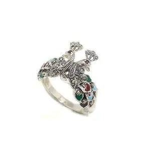 Rajasthan Gems Ring Peacock 925 Sterling Silver Handmade Enamel & Marcasite Stone Unisex D483