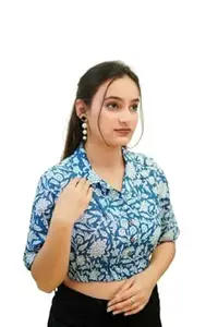 KSD Clothing Women’s Blue Floral Print Crop Blouse – Stylish Short Sleeve Button-Down, Lightweight Casual Summer Top for Women | Trendy Collared Crop Top for Saree, Jeans, Skirts & High Waist Pants