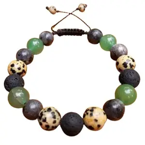 RRJEWELZ Natural Aventurine, Labradorite, Lava & Dalmatian Jasper Round Shape 10mm Smooth Beads Black Color Threaded Adjustable Bracelet For Men & Women. |TDBR_0440