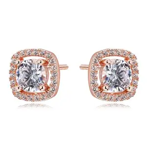 MISS JO 92.5 Sterling Silver Classic Brilliant Solitaire Halo Earrings, With Cushion Halo, Elegant Whites Collection, Gift for Girls and Women, BIS Hallmarked -Rose Gold Polish