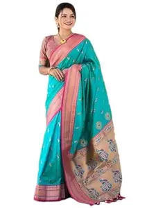Zivanshi Weaves Womens Silk Blend Saree Featuring Small Peacock Design With Tassels On The Pallu With Blouse 5.5 Meter Saree 0.8 Meter Unstitched Blouse Piece