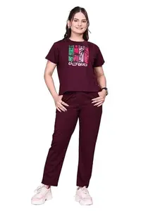 BRSELIA FASHION Women's Twill Lyiicra Printed T-Shirt & Pajama Set | Sleepwear Night Suit Set Maroon