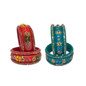 Traditional Crystal Embellished Bangle Set, 12 Pieces, Teal and Burgundy (RED AND SKY BLUE, 2.8)