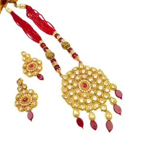 KAAJBUTTON Gold Plated Long Kundan Necklace With Pair of Earring Studded With Multi Layer Beaded Details (Maroon)
