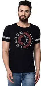 London Hills Men's Half Sleeve 100% Pure Cotton Casual Round Neck Printed Regular Fit Non-Shrinkable Black T-Shirt