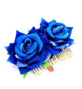 AB Beauty House Comb Cloth Flower Hair Clip Side Comb Flower Design Jooda Hairpin Comb Flower Jooda Pin (Blue) Rose Gold Comb