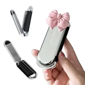 MAYCREATE® Foldable Hair Brush with Mirror, Mini Travel Hair Comb for Women, Cute Bow Brush for Purse, Girls Pocket Combs