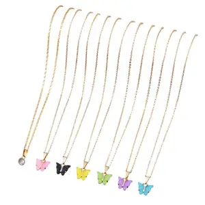 MALKYN Crystal Charm and Butterfly Pendant Necklace Set for Girls Women - Gold Tone Coba Chain with Multicolor Acrylic Charms - Lightweight Adjustable Jewelry for Casual Party - Pink Accent