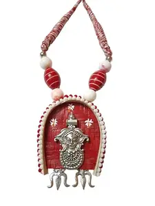 Fancy Bambo Kulo Latest Stylish Jewellery Red Natural Chemical Beads German Oxidized Silver Maa Durga Pendant Necklace for Women & Girls