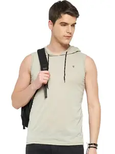 RELANE Men Solid Hooded Sleeveless T shirt-L07HD101-Beige